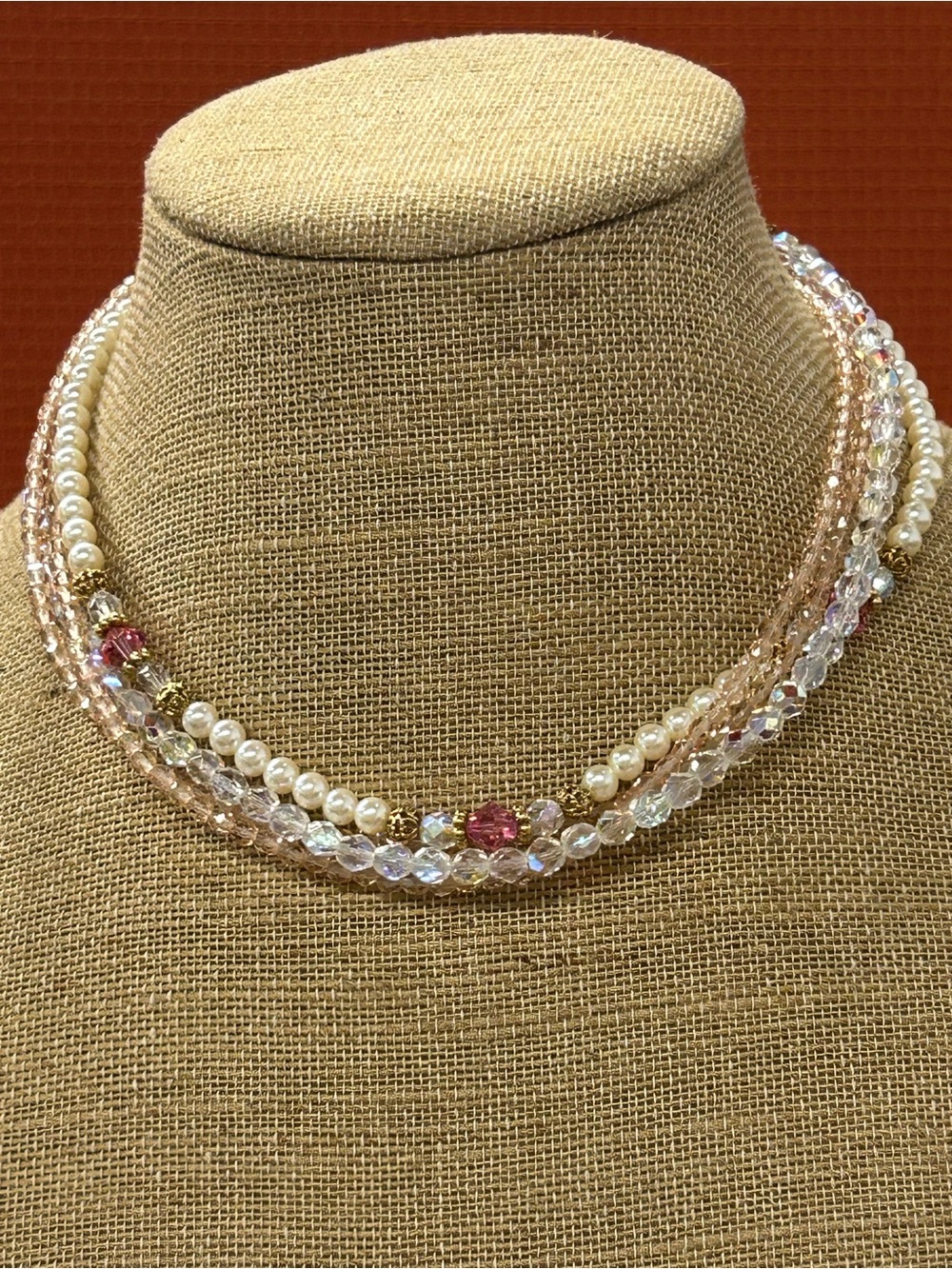 1928 Multi-Strand Pearl and Crystal Necklace in Pink and White